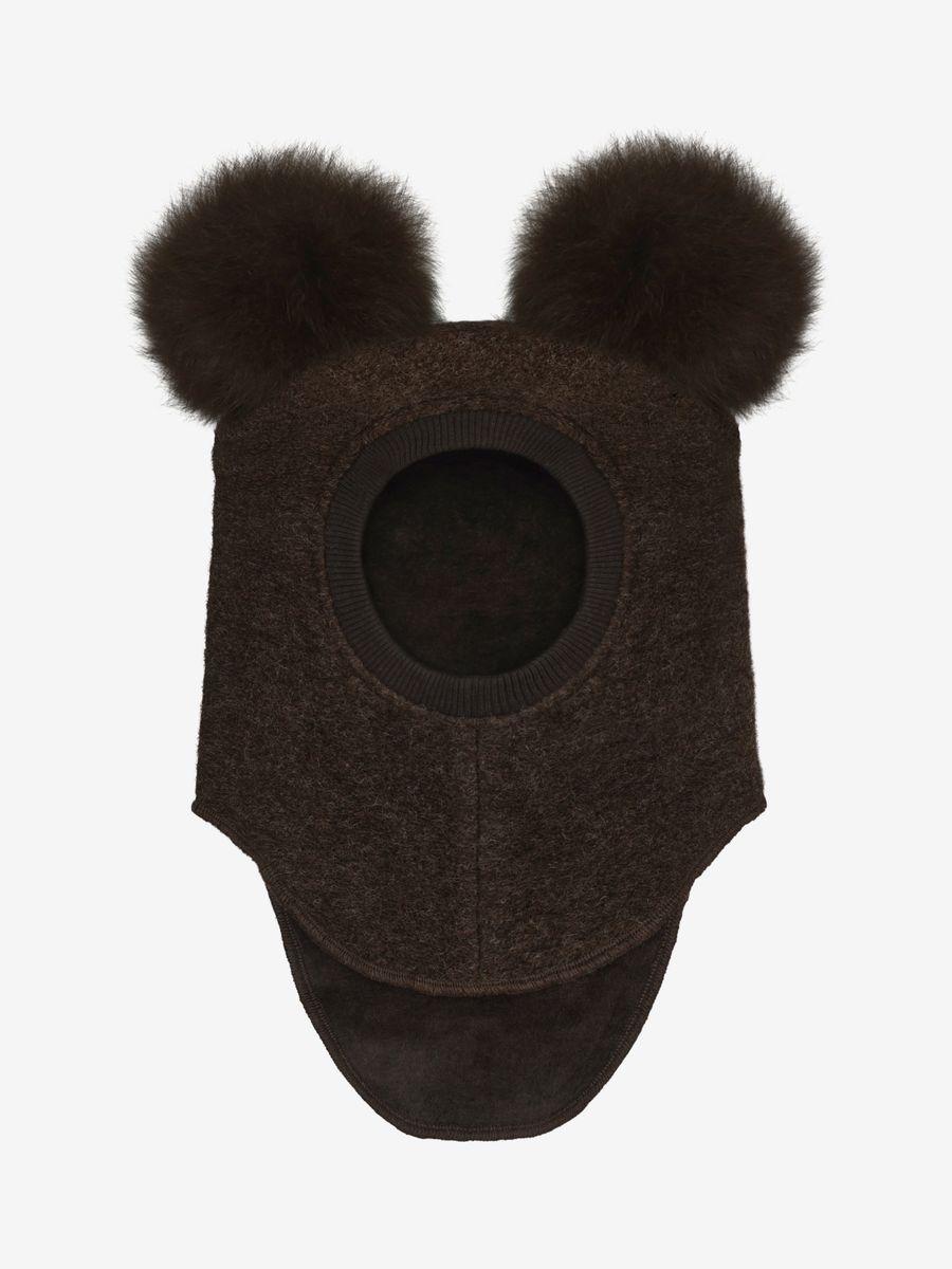 HUTTEliHUT Balaklava i Ull og Alpakka med Pomponger Dark Brown Melange