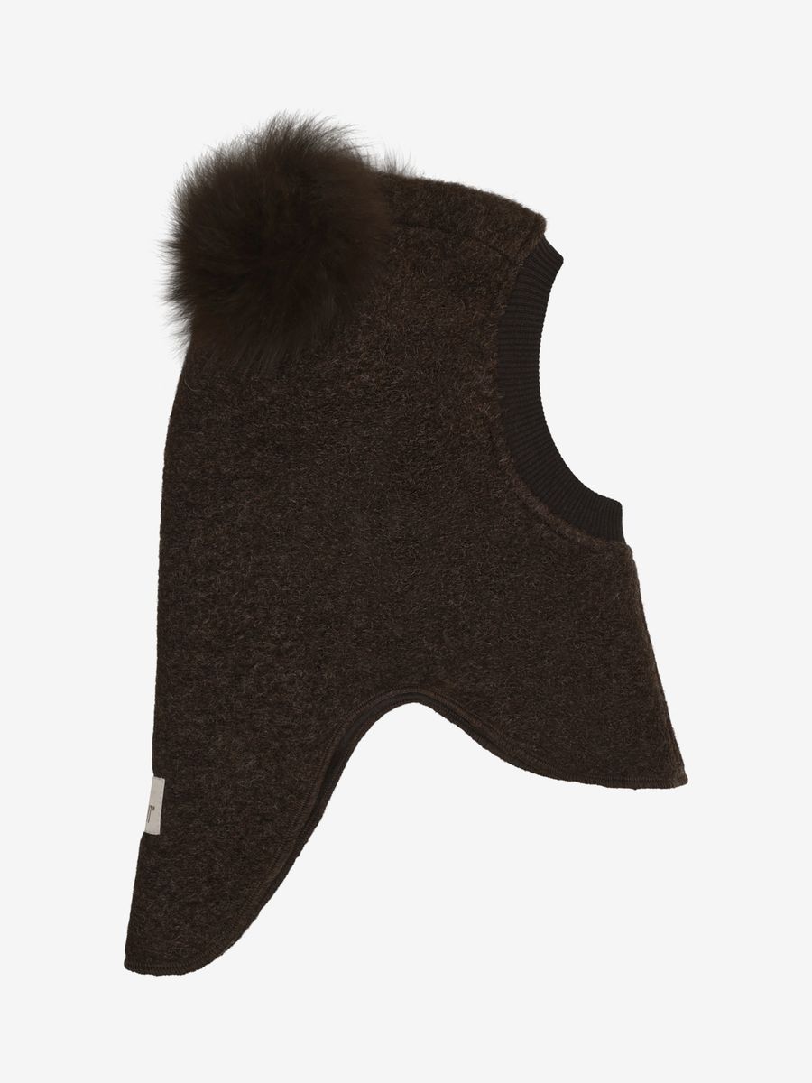 HUTTEliHUT Balaklava i Ull og Alpakka med Pomponger Dark Brown Melange